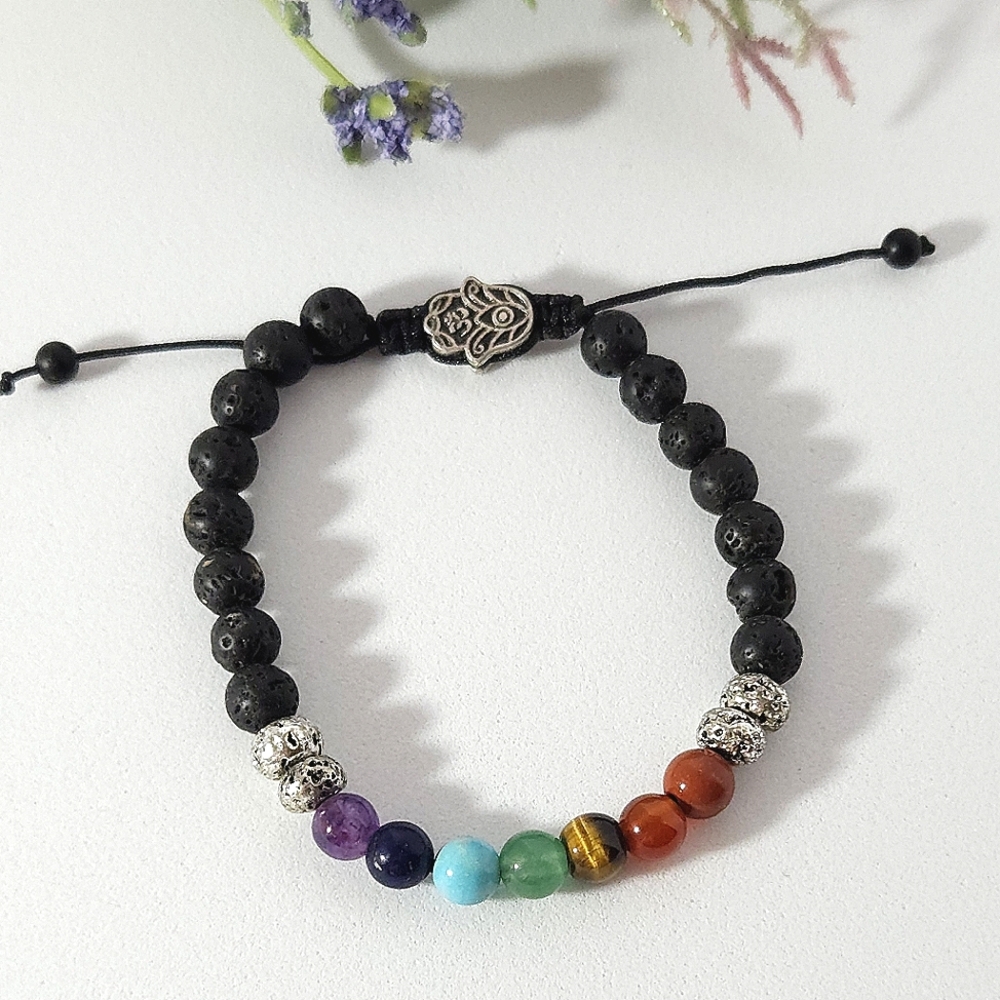 Middlux Handmade 7 Chakra Meditation Multi Gemstone Silver Oil Diffuser Bracelet
